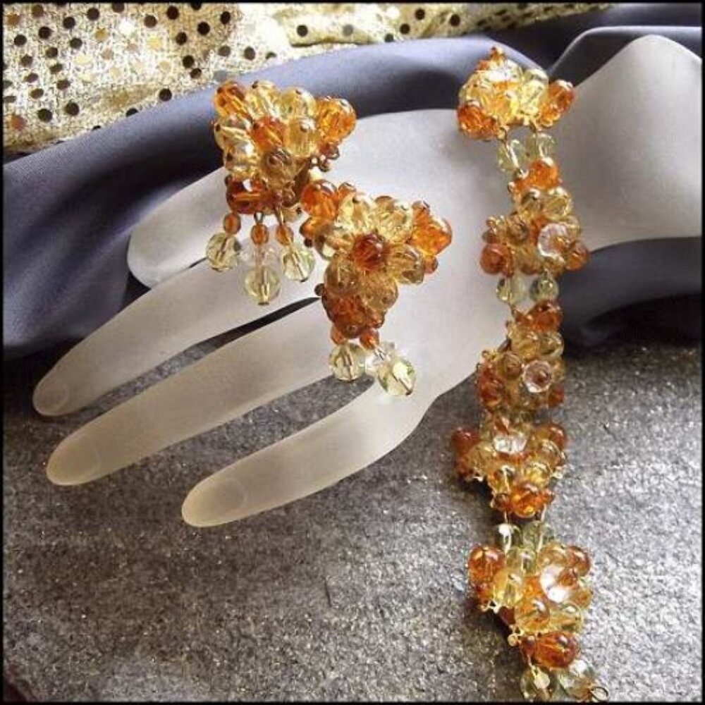 1950s Designer Citrine Crystal Bubbles Vintage Bracelet w Earrings Set 15838